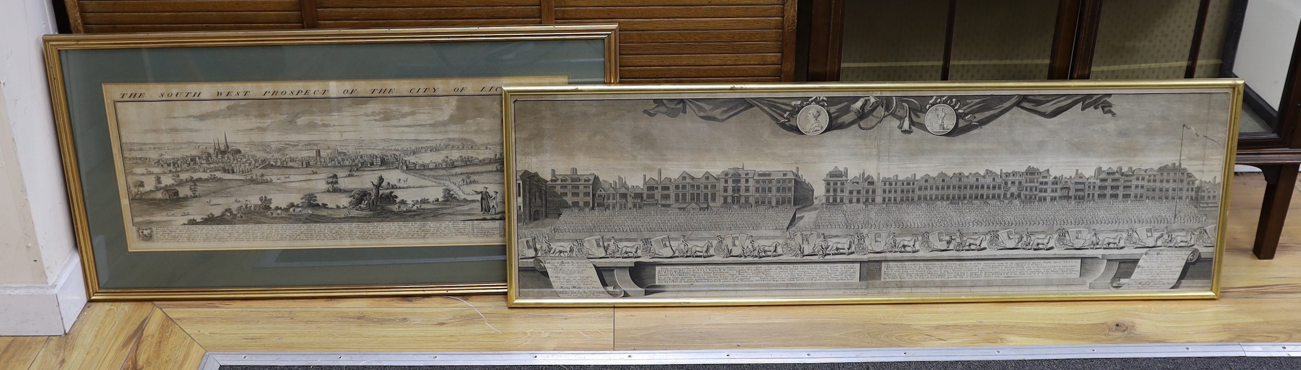 George Vertue, engraving, ‘View of the charity children in The Strand … 1715’, 39 x 128cm and a Buck engraving, South West Prospect of the City of Lichfield, 32 x 80cm